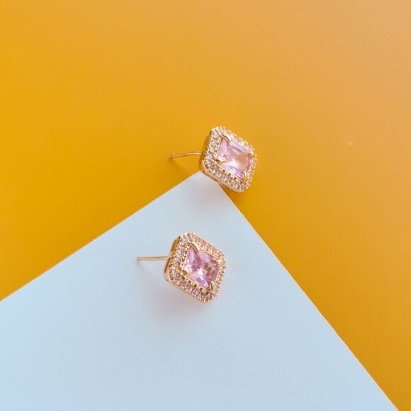Aurora Gold Pink Crystal Stud Earrings by Alicia Bonnie - Picture 4 of 4
